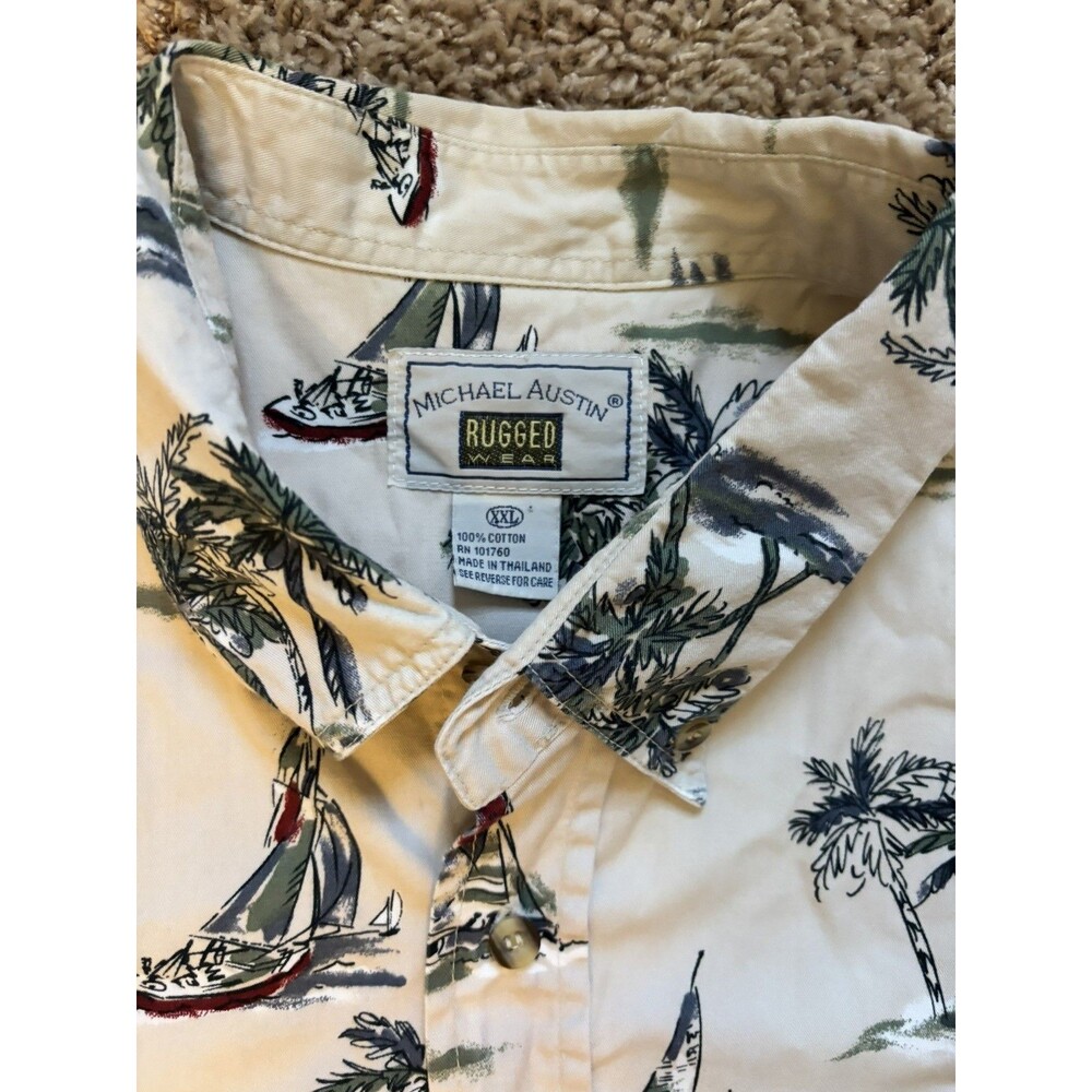 Michael Austin Rugged Wear Hawaiian Shirt XXL Sailboat Palm Tree Cotton